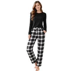 Check Pajama With Black Full Sleeves T-Shirt For Women's