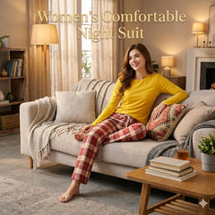 Check Pajama With Yellow Full Sleeves T-Shirt For Women's