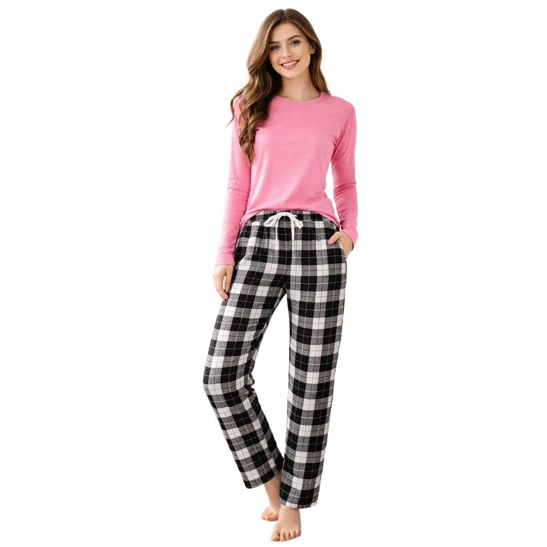 Check Pajama With Pink Full Sleeves T-Shirt For Women's