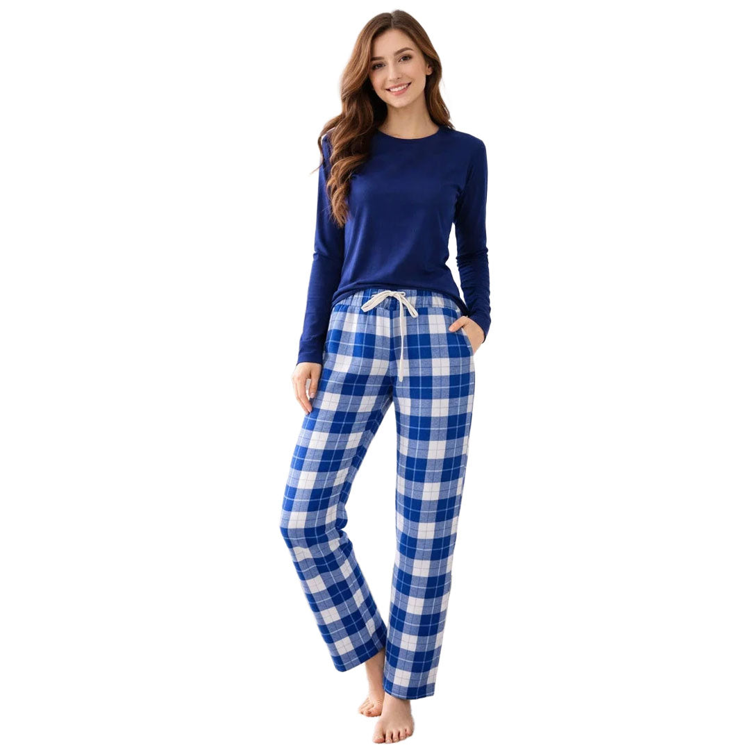 Check Pajama With Navy Blue Full Sleeves T-Shirt For Women's