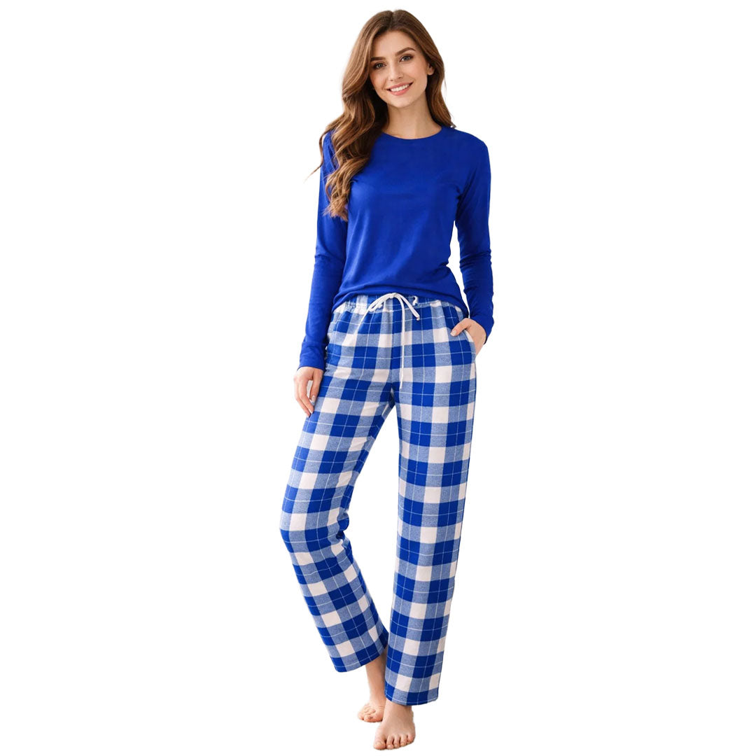 Check Pajama With Royal Blue Full Sleeves T-Shirt For Women's