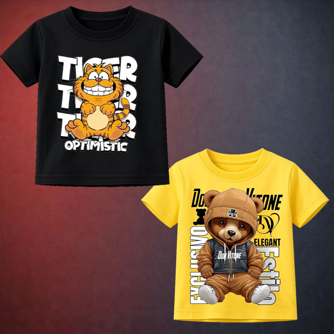 Black Cat & Yellow Bear Printed Kids T Shirt
