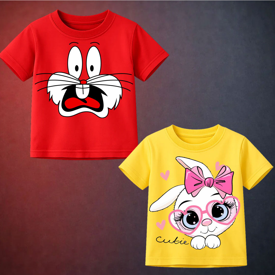 Red Bunny & Yellow Printed T Shirt For Kids