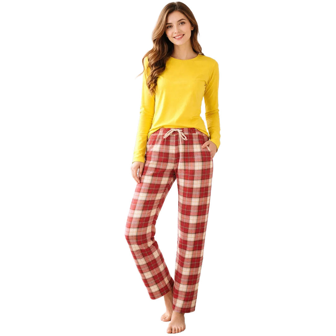 Check Pajama With Yellow Full Sleeves T-Shirt For Women's
