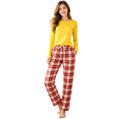 Check Pajama With Yellow Full Sleeves T-Shirt For Women's
