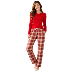 Check Pajama With Red Full Sleeves T-Shirt For Women's