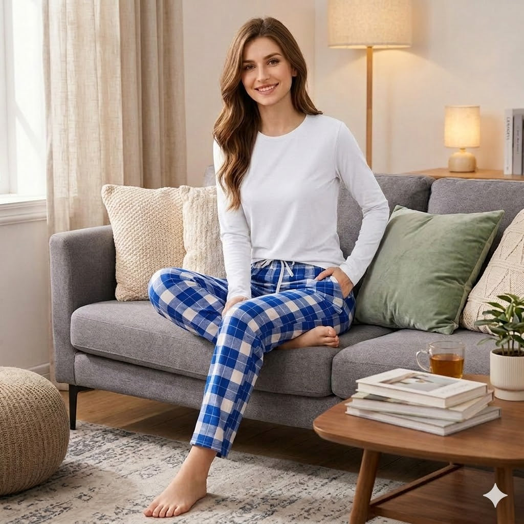 Check Pajama With White Full Sleeves T-Shirt For Women's