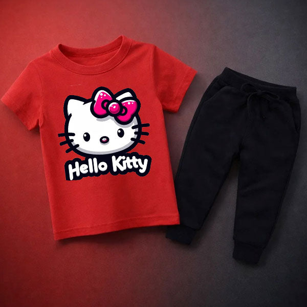 Kitty Printed Summer Tracksuit For Baby Girls